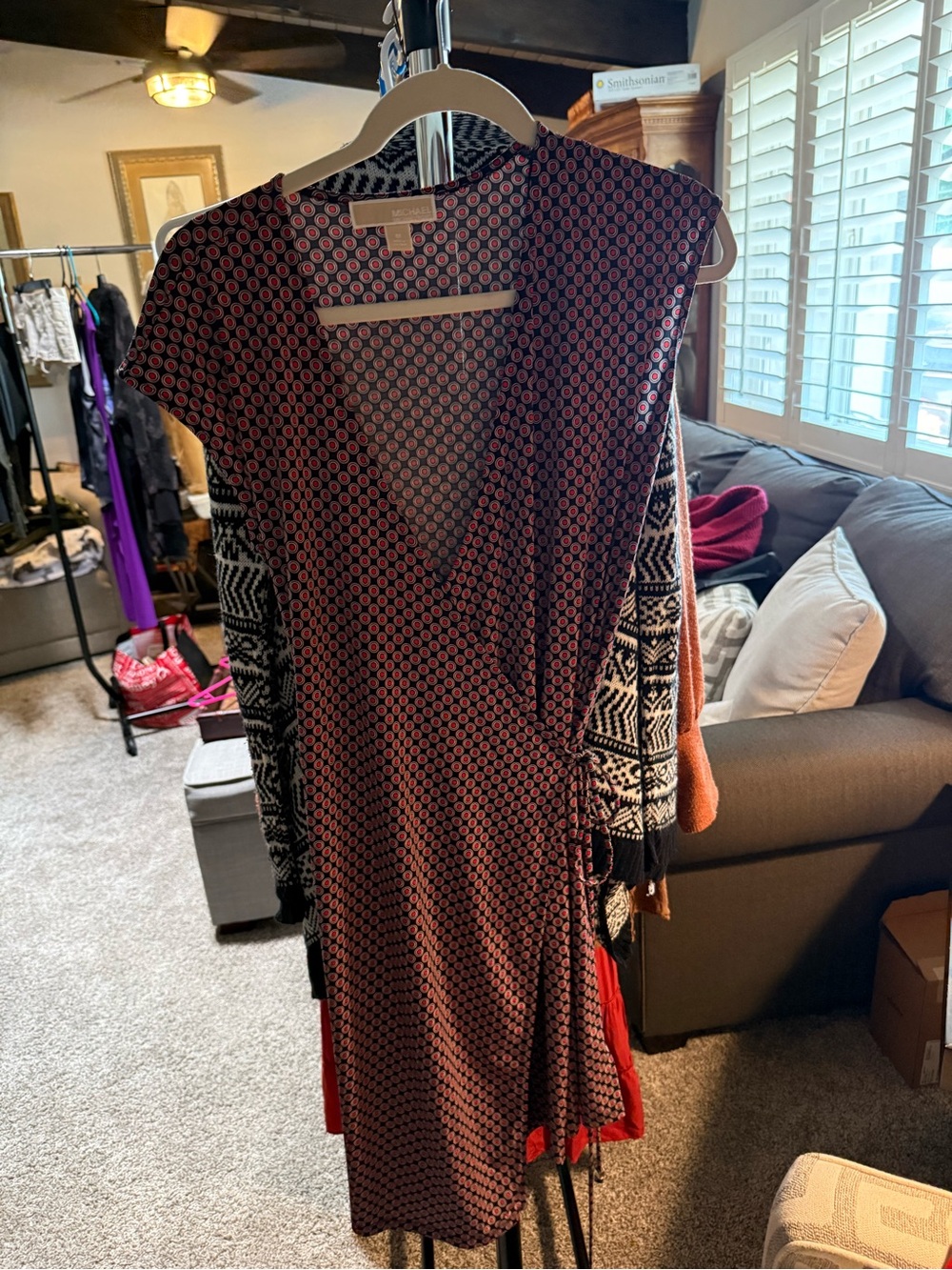 MICHAEL Michael Kors Red and Black Patterned Wrap Midi Dress NWOT M